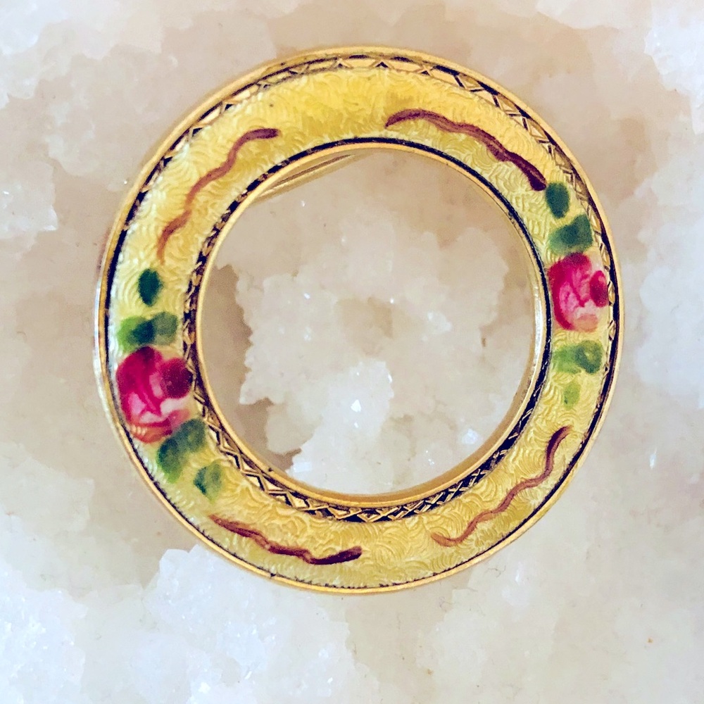 Floral Yellow and Pink Vintage Guilloche Enamel Brooch
